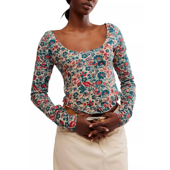 FREE PEOPLE TOP WOMENS XSMALL MELANIE FLORAL LONG SLEEVE STRETCH SHIRT SAND - Picture 1 of 12